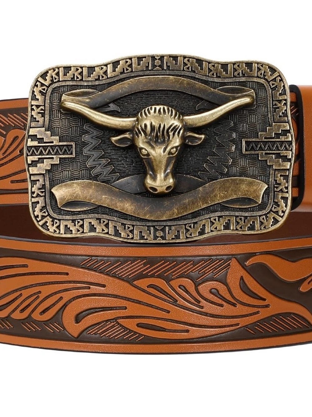 Western Bull Head Buckle Belt in Tan and Bronze